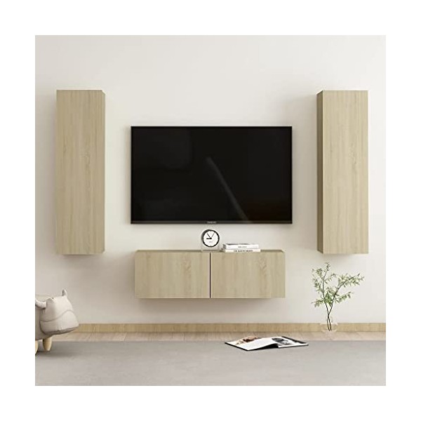 lvssiao Modulo TV Meuble de salon Meuble mural TV 3 pièces aggloméré Couleur chêne Sonoma Table TV facile à nettoyer pour cha