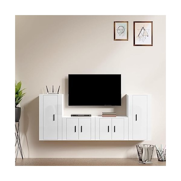 Ensemble de Meubles TV 4 pcs Blanc Brillant Bois dingénierie - Armoire Basse Centre de Divertissement Meuble Stéréo Salon Sa