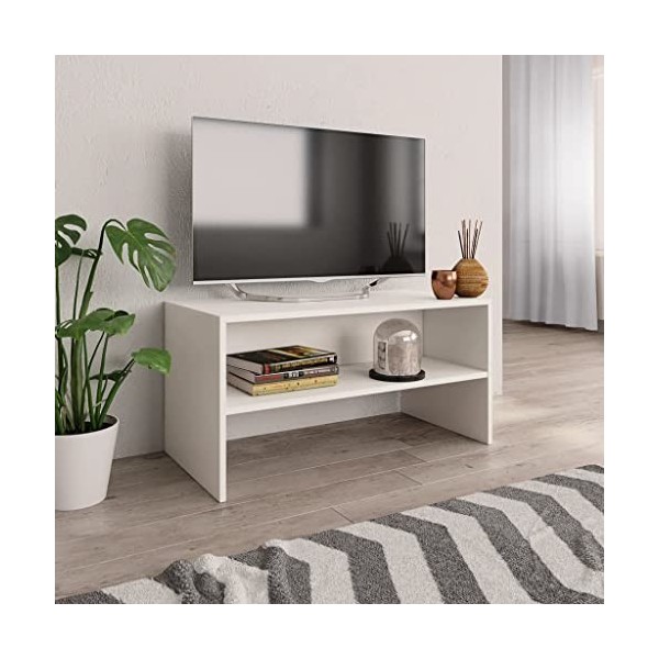 homiuse Meuble TV Blanc 80x40x40 cm Aggloméré Bibliothèque Style Classique Support de TV Table TV Meuble Salon Armoire TV Cha
