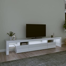 Canditree Meuble TV Moderne avec Lumières LED Banc TV avec Compartiments Armoire Basse Meuble Stéréo de Salon Blanc Brillant