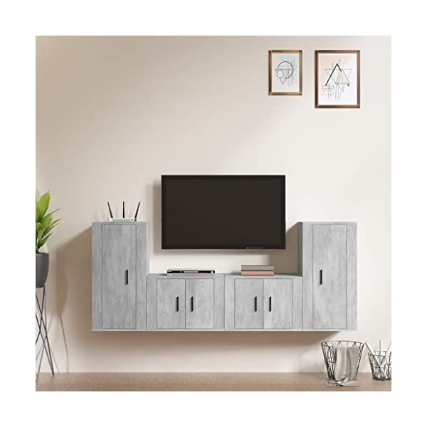 AUVYI Ensemble de 4 meubles TV en bois gris béton 40 x 34,5 x 80 cm - Armoires de cuisine - Meuble bas suspendu - Pour télévi