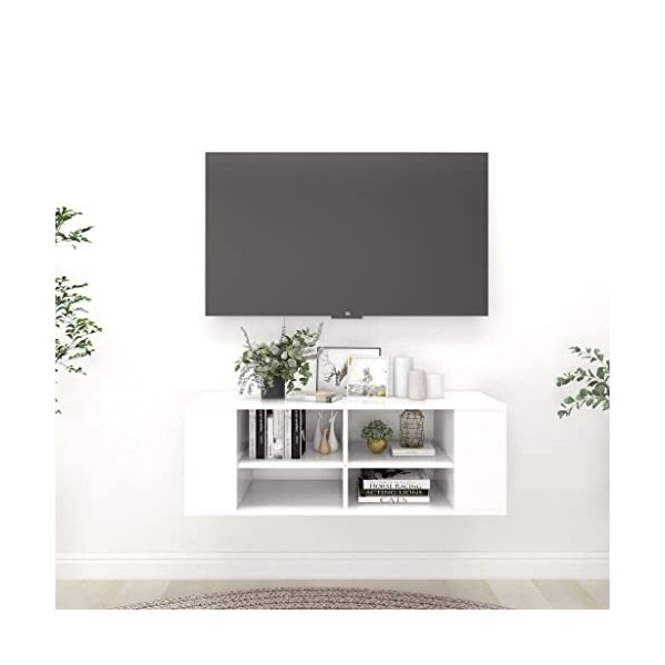 Meuble TV Suspendu | Style Contemporain | Rangement matériel télé Audio Video Gaming | 102x35x35cm Blanc