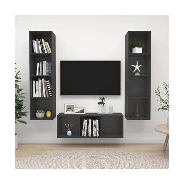 lvssiao Modulo TV Meuble de salon Ensemble de meuble TV 3 pièces aggloméré Gris Table TV facile à nettoyer pour chambre à cou
