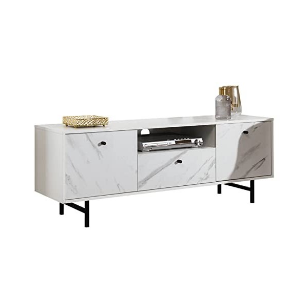 Mirjan24 Viwienn VN03 Meuble TV bas avec 2 portes et tiroir, système de fermeture amorti, poignées et pieds en métal, meuble 