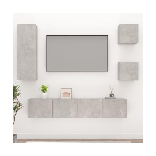 JUNZAI Ensemble de Meubles TV 5 pcs Gris béton Bois dingénierie,Meuble TV,Table Basse Salon Meuble TV,Table Basse LED Couleu