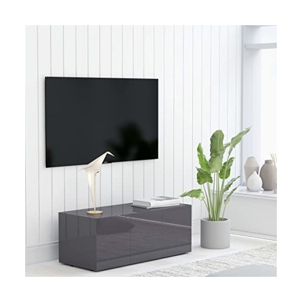 homiuse Meuble TV Gris Brillant 80x34x30 cm Aggloméré Meuble de Télévision Robuste Armoire Stéréo Bibliothèque Salon Etagère 
