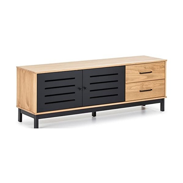 PEGANE Meuble TV en pin Massif Effet ciré Naturel et Noir, Meuble de Rangement - Longueur 141 x Profondeur 37 x Hauteur 50.5 