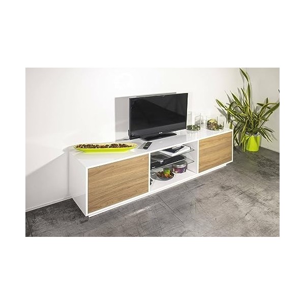 Dmora Meuble Paride, Buffet Bas de séjour à 2 Portes, Base TV 100% fabriqué en Italie, 180 x 41 h 46, Blanc Brillant et Noyer