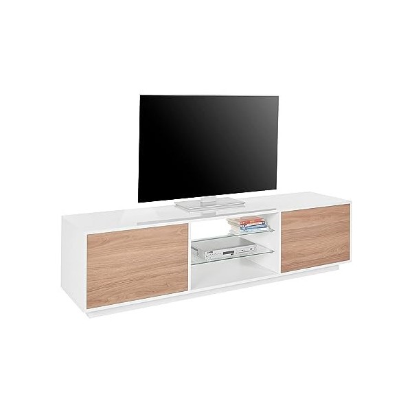 Dmora Meuble Paride, Buffet Bas de séjour à 2 Portes, Base TV 100% fabriqué en Italie, 180 x 41 h 46, Blanc Brillant et Noyer