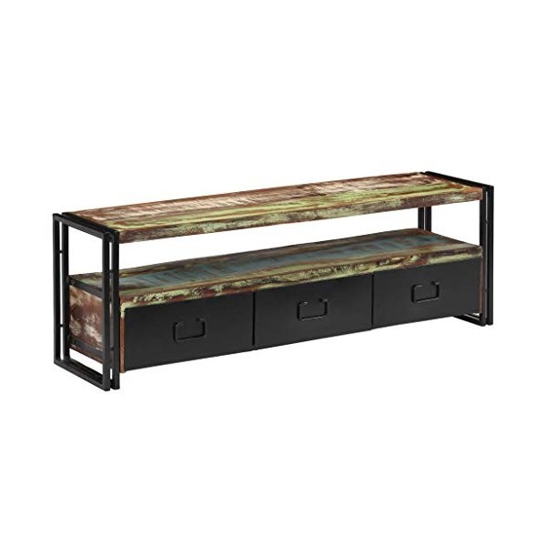 mewmewcat Meuble TV Meuble de Television TV Cabinet Bois de Récupération Massif Style Industriel avec 3 Tiroirs et 1 étagère 