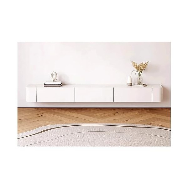 Meuble TV Blanc avec Tiroirs De Rangement, Console TV en Bois, Étagère Flottante TV pour Salon, Table TV pour Centre De Diver