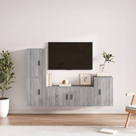 AUVYI Ensemble de 4 meubles TV en bois Sonoma Gris 100 x 34,5 x 40 cm Pour salon, salle de bain, couloir, armoire dangle, ar