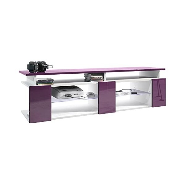 Vladon TV Board Movie V2 Game on Lowboard 138,5 x 39 x 39 cm éclairage LED Inclus Blanc, Caisson en Blanc Mat, façades en mûr