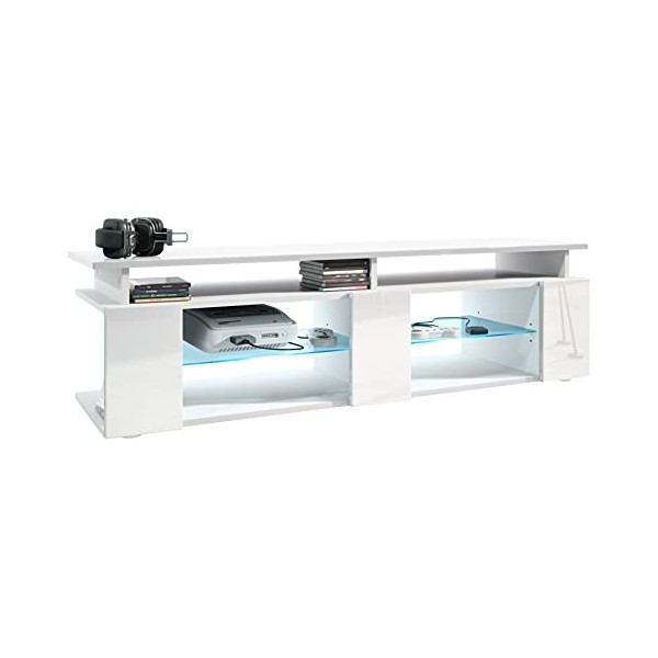 Vladon TV Board Movie V2 Game on Lowboard 138,5 x 39 x 39 cm éclairage LED Inclus Blanc, Caisson en Blanc Mat, façades en mûr