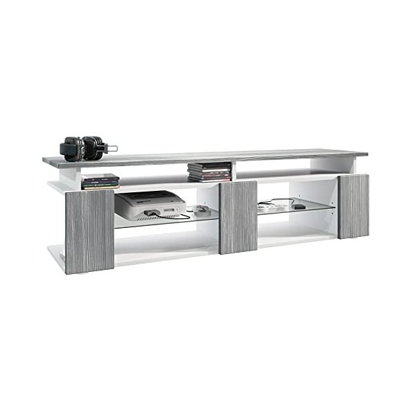 Vladon TV Board Movie V2 Game on Lowboard 138,5 x 39 x 39 cm éclairage LED Inclus Blanc, Caisson en Blanc Mat, façades en mûr