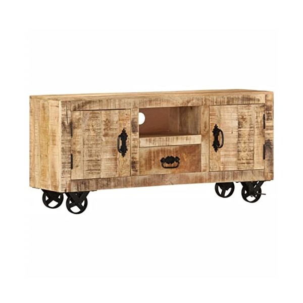 Tidyard Meuble TV de Style Rétro Meuble de Rangement Meuble TV avec 4 roulettes Bois de manguier Brut 110x30x50 cm