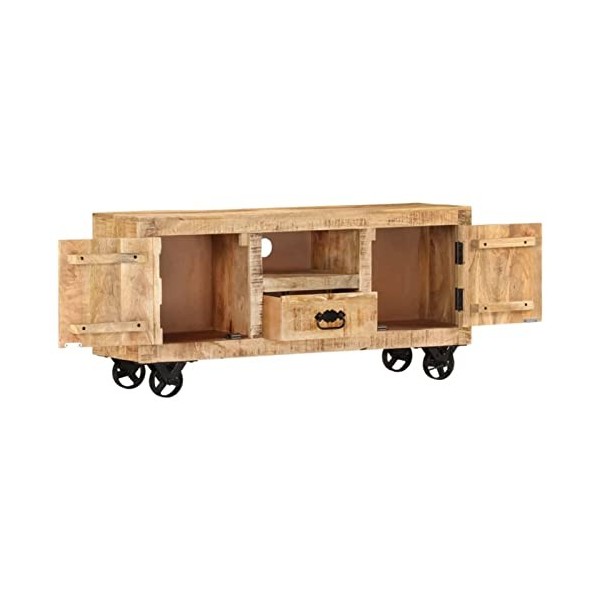 Tidyard Meuble TV de Style Rétro Meuble de Rangement Meuble TV avec 4 roulettes Bois de manguier Brut 110x30x50 cm