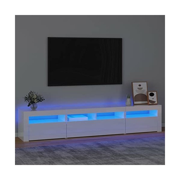 LAPOOH Meuble TV avec lumières LED Blanc Brillant 210x35x40 cm,Meuble TV,Meuble TV Moderne,Meuble de Salon