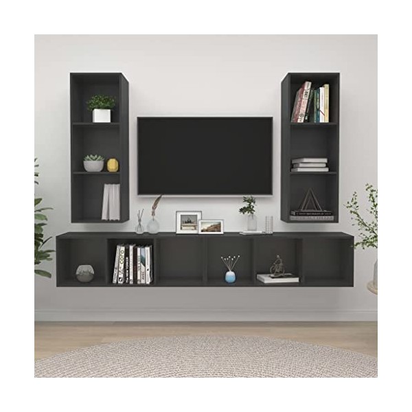 Table Télévision Basse, Simplicité et Élégance Meubles Muraux pour TV 4 Pièces aggloméré Gris Meuble TV Salon avec Grand Stoc
