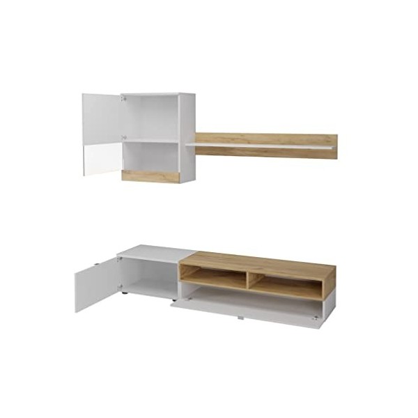 LOUNGITUDE Mur de Salon Meuble TV, Panneau stratifié, Blanc/Bois, L175 x P39 x H34cm
