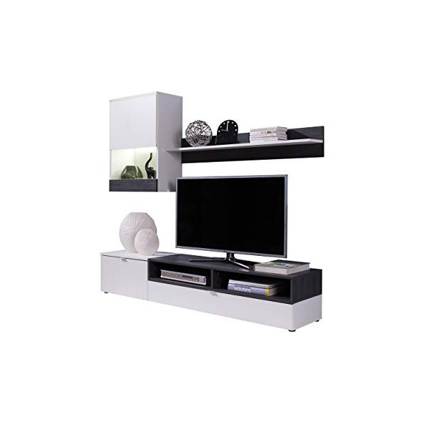 LOUNGITUDE Mur de Salon Meuble TV, Panneau stratifié, Blanc/Bois, L175 x P39 x H34cm