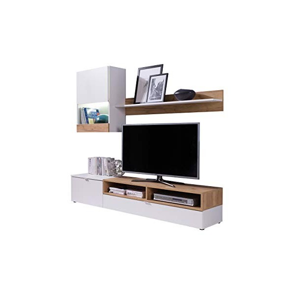 LOUNGITUDE Mur de Salon Meuble TV, Panneau stratifié, Blanc/Bois, L175 x P39 x H34cm