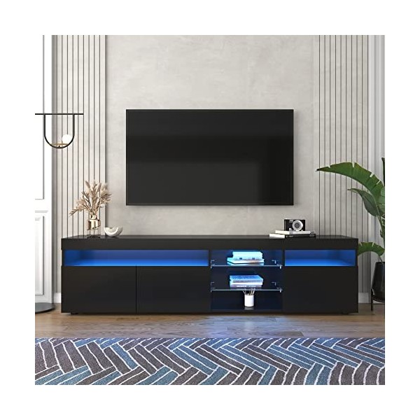 I0I&I0I Meuble TV moderne, panneau clair, éclairage LED variable, salon et salle à manger, 180 cm noir 