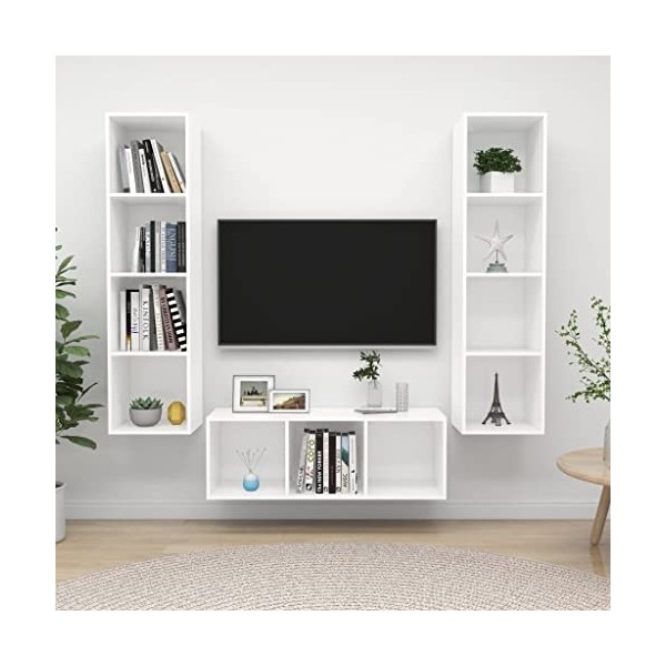 lvssiao Modulo TV Meuble de salon Ensemble de meuble TV 3 pièces aggloméré Blanc Table TV facile à nettoyer pour chambre à co
