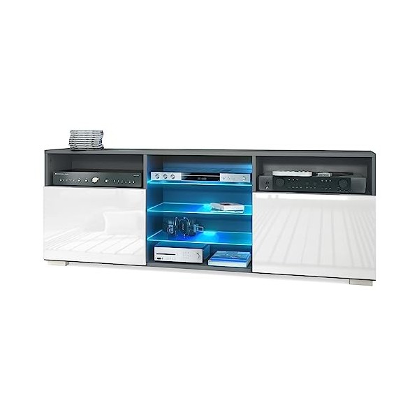 Vladon Meuble TV Granada, Lowboard avec 2 Portes et 6 Compartiments Ouverts, Corps Anthracite Mat, façades en Blanc Haute Bri