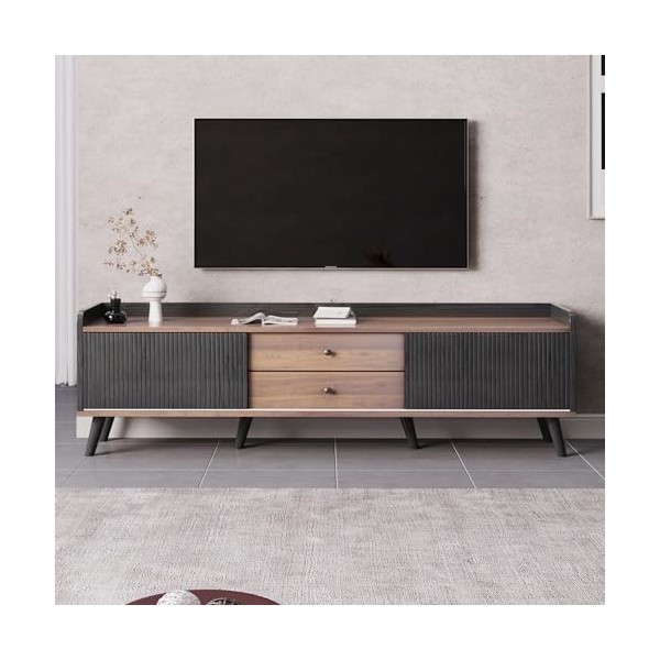 Yiiannda Meuble TV avec 2 tiroirs - Meuble TV bas avec deux portes coulissantes - Couleur bois noir et naturel - 160 x 40 x 5