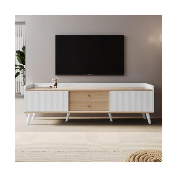 Yiiannda Meuble TV avec 2 tiroirs - Meuble TV bas avec deux portes coulissantes - Couleur bois noir et naturel - 160 x 40 x 5