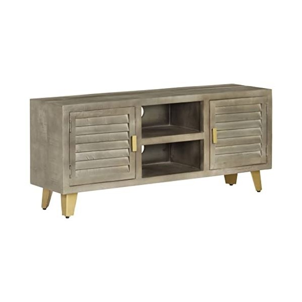 Meuble TV, Banc TV Support de Télévision Table TV Bas Armoire Basse Meuble TV Bois Solide de manguier Gris avec Laiton 110x30