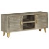 Meuble TV, Banc TV Support de Télévision Table TV Bas Armoire Basse Meuble TV Bois Solide de manguier Gris avec Laiton 110x30