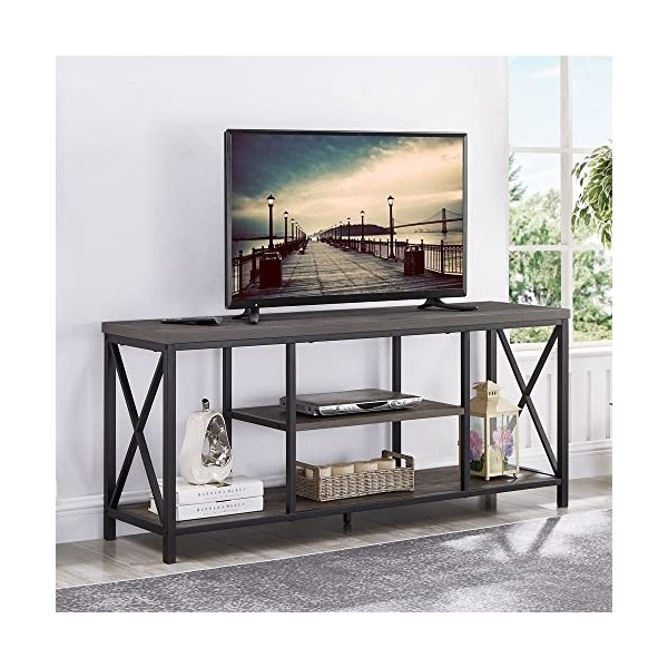 EXCEFUR Meuble TV de 55" pour TV jusquà 165 cm, en bois rustique et en métal pour salon, gris