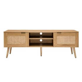 Miliboo Meuble TV Bois Clair, cannage rotin et métal Noir 2 Portes L140 cm Manille