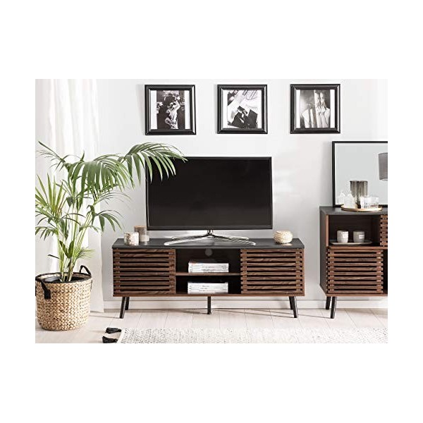 Beliani Meuble TV en Imitation Bois Foncé avec Deux Portes Coulissantes au Style Rétro 54 cm de Hauteur