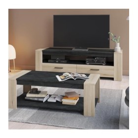 Calicosy - Meuble TV 2 Tiroirs 1 Niche Sheffield - Bois Clair et Noir - Panneaux de Particules Mélaminés - Naturel et Contemp