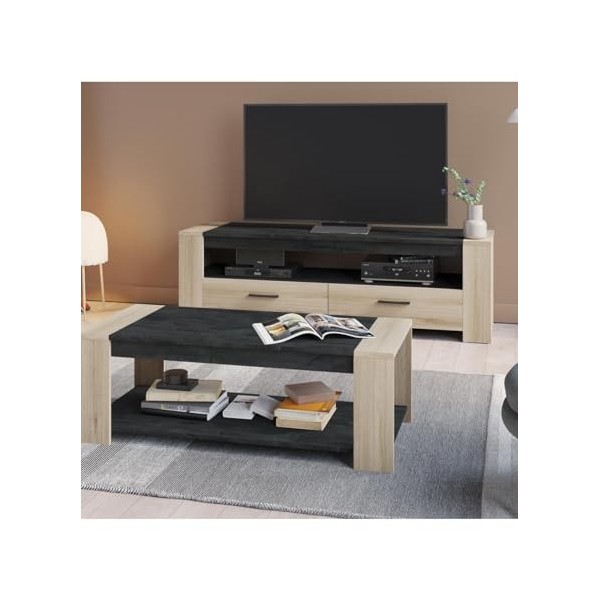 Calicosy - Meuble TV 2 Tiroirs 1 Niche Sheffield - Bois Clair et Noir - Panneaux de Particules Mélaminés - Naturel et Contemp