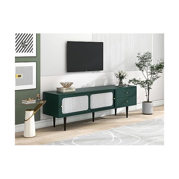 kubeier Meuble TV Meuble TV, Meuble TV avec 2 tiroirs, 2 Portes coulissantes en rotin, 4 Compartiments avec stratifié Mobile,
