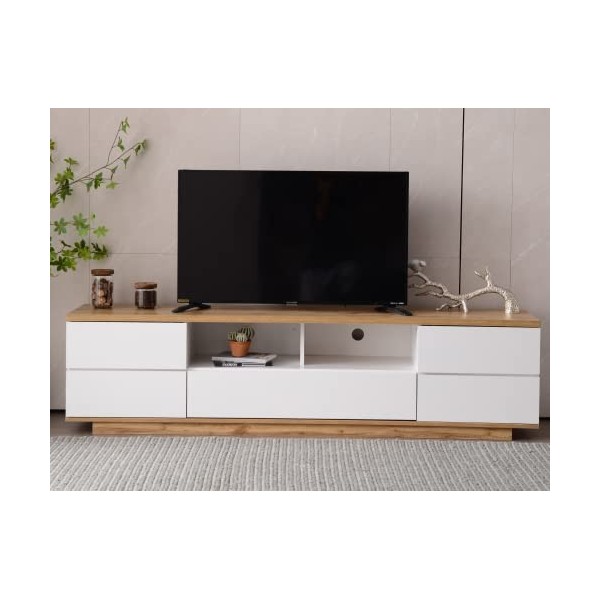 NIKKHO Meuble TV moderne avec grain de bois et espace de rangement avec 2 tiroirs et 5 compartiments ouverts Blanc 180 cm Pou