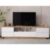 NIKKHO Meuble TV moderne avec grain de bois et espace de rangement avec 2 tiroirs et 5 compartiments ouverts Blanc 180 cm Pou