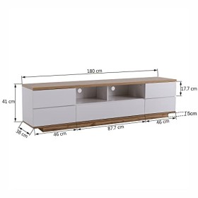 NIKKHO Meuble TV moderne avec grain de bois et espace de rangement avec 2 tiroirs et 5 compartiments ouverts Blanc 180 cm Pou