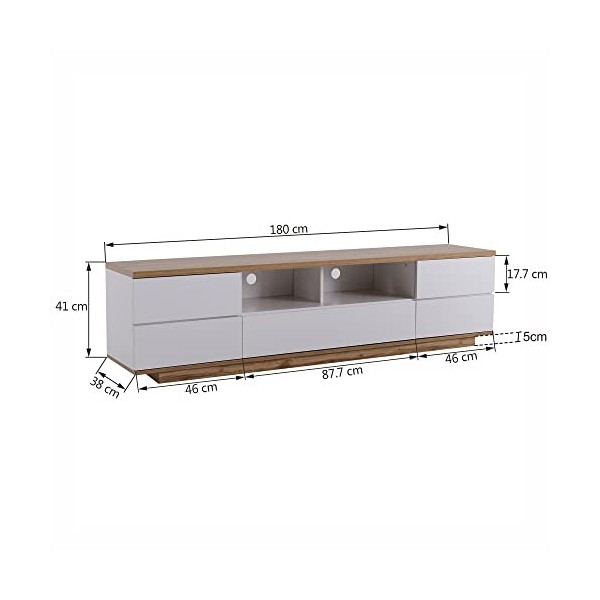 NIKKHO Meuble TV moderne avec grain de bois et espace de rangement avec 2 tiroirs et 5 compartiments ouverts Blanc 180 cm Pou