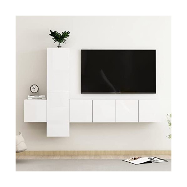 JUNZAI Ensemble de Meubles TV 5 pcs Blanc Brillant Aggloméré,Meuble TV,Table Basse Salon Meuble TV,Table Basse LED Couleurs