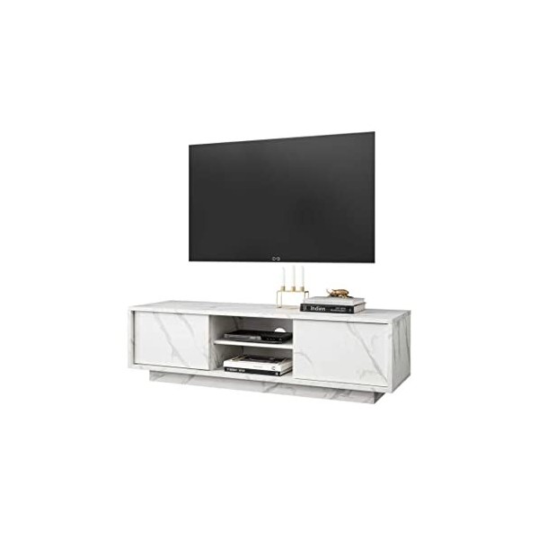 Meuble TV 2 Portes 2 niches Marbre Blanc - BURANO - L 138 x l 43 x H 44 cm - Neuf