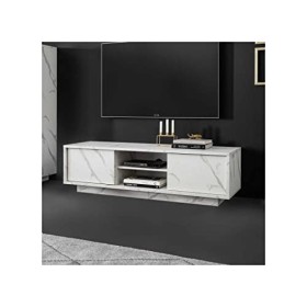 Meuble TV 2 Portes 2 niches Marbre Blanc - BURANO - L 138 x l 43 x H 44 cm - Neuf
