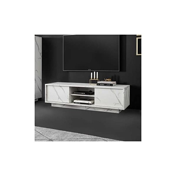 Meuble TV 2 Portes 2 niches Marbre Blanc - BURANO - L 138 x l 43 x H 44 cm - Neuf
