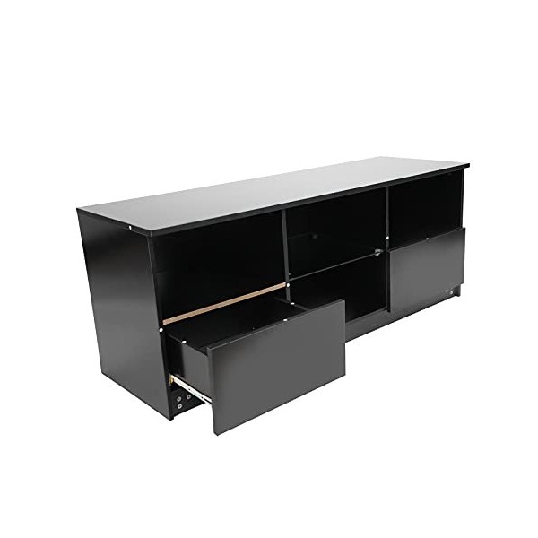 lyrlody Meuble TV noir brillant avec éclairage LED avec 2 tiroirs et 4 étagères ouvertes pour salon, chambre à coucher, burea