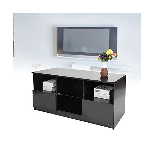 lyrlody Meuble TV noir brillant avec éclairage LED avec 2 tiroirs et 4 étagères ouvertes pour salon, chambre à coucher, burea