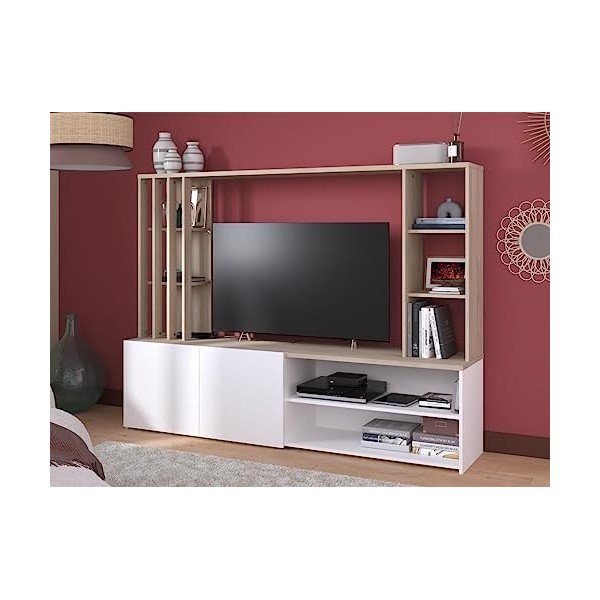 Parisot Meuble TV Mural Complet AUSTRAL - Papier décor Chene du Japon et Blanc - L 184 x P 41 x H 138 cm